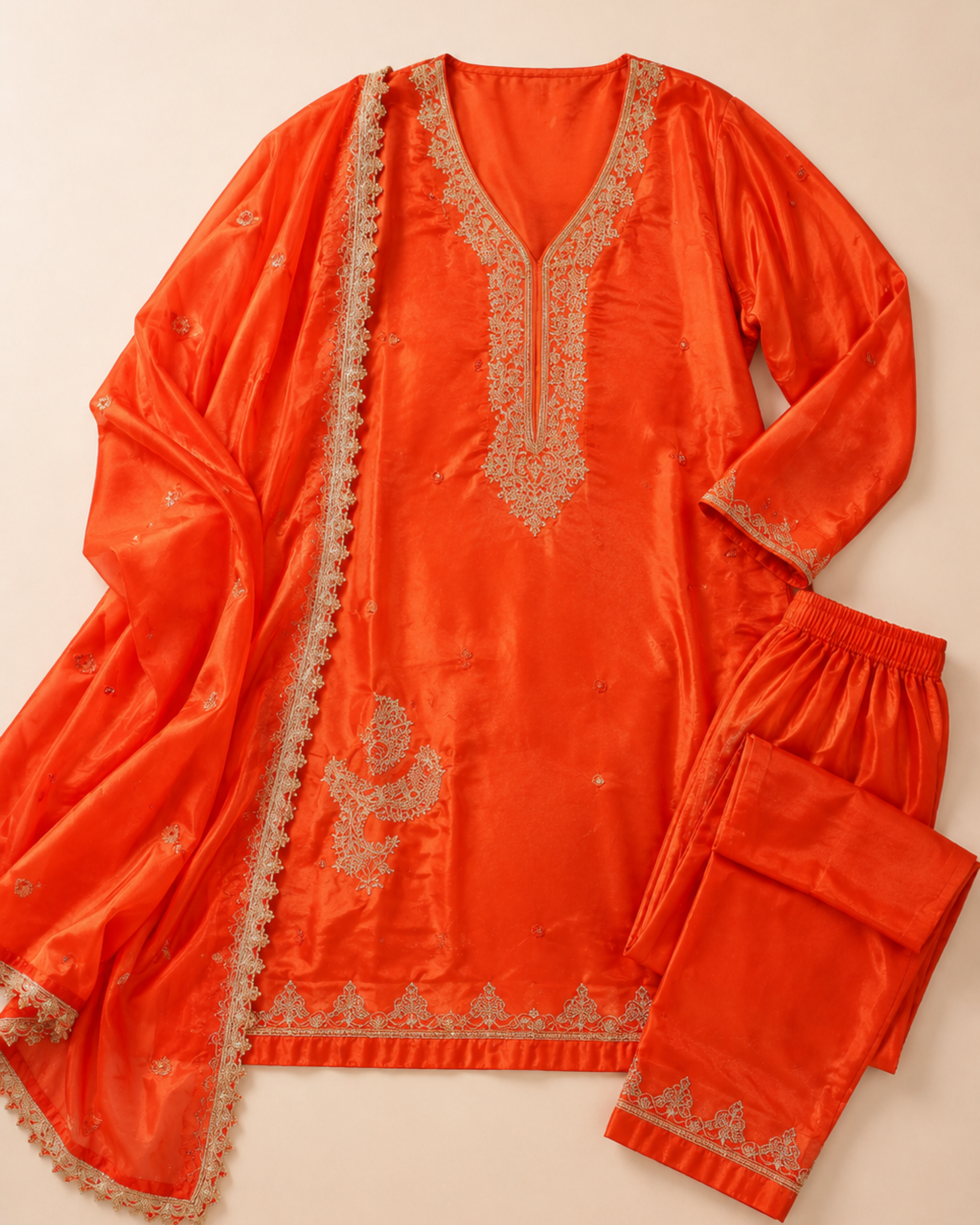 Sunset Orange Pure Chiffon Handwork Dress