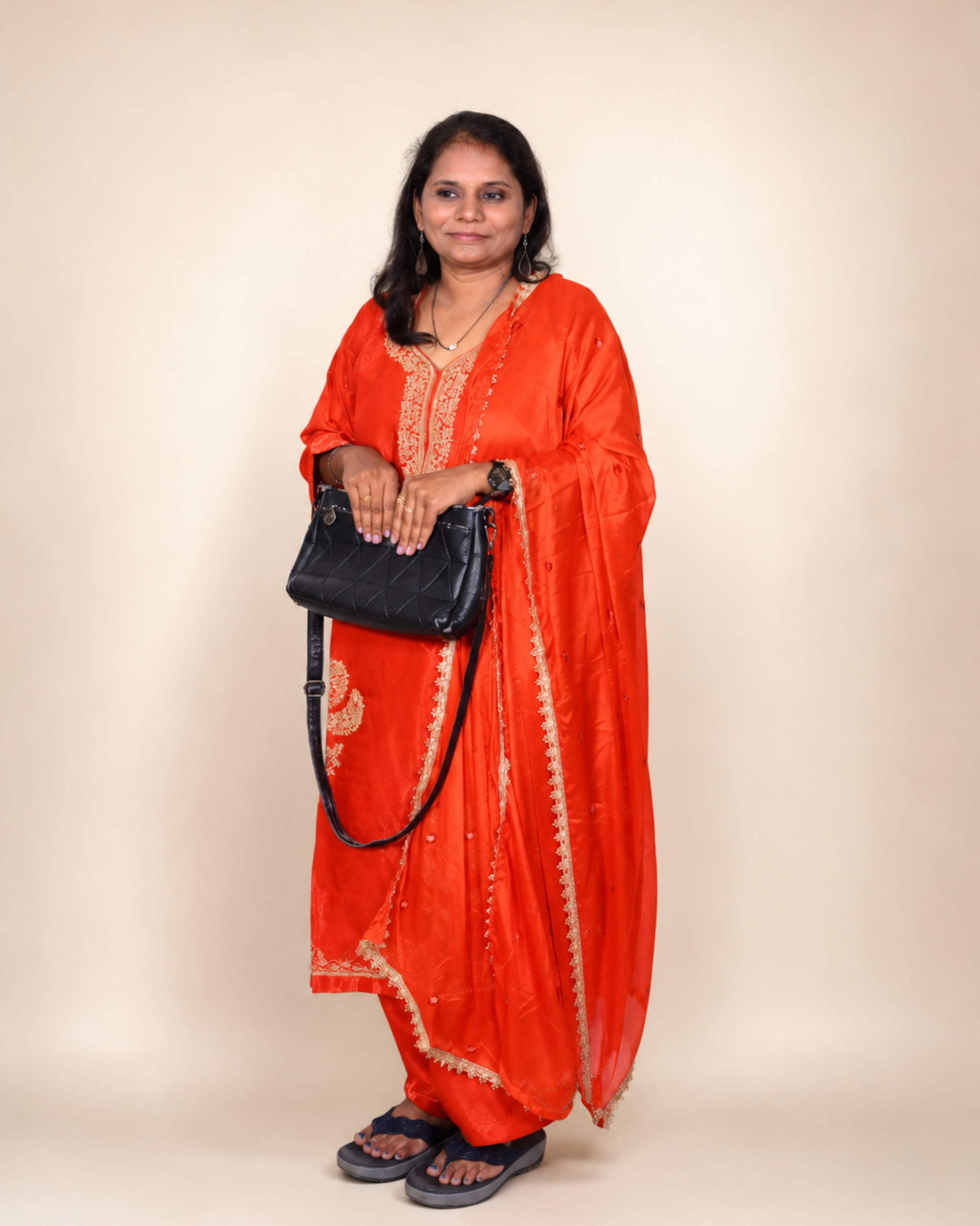 Sunset Orange Pure Chiffon Handwork Dress