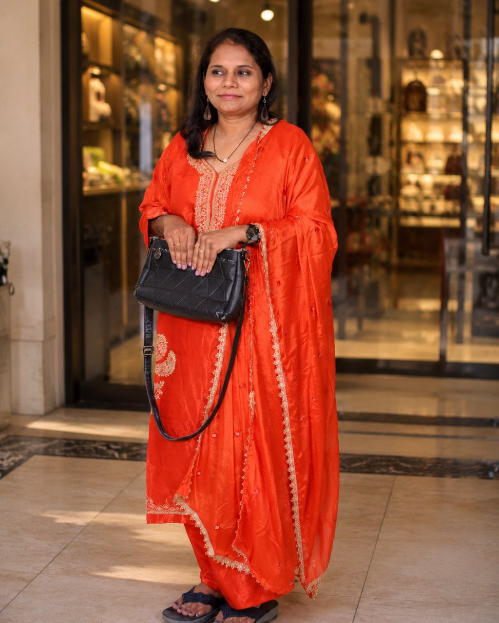 Sunset Orange Pure Chiffon Handwork Dress