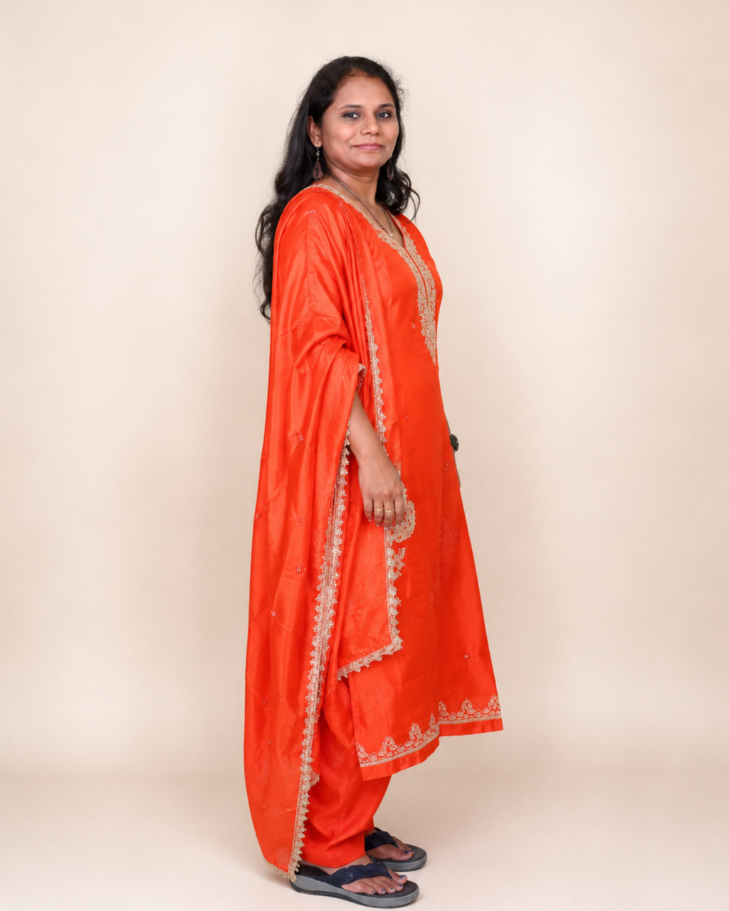 Sunset Orange Pure Chiffon Handwork Dress
