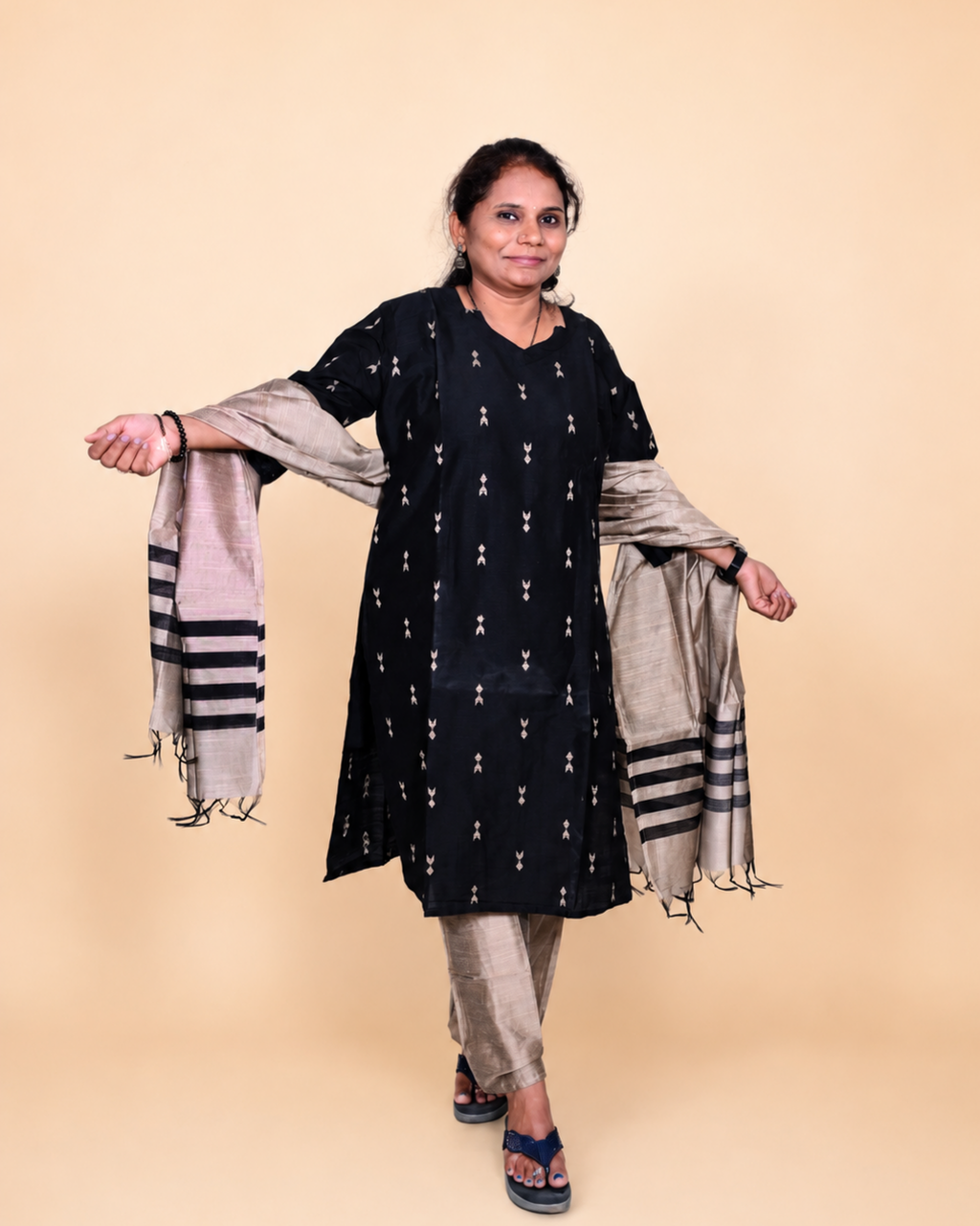 Midnight Black Soft Cotton Printed Dress Set