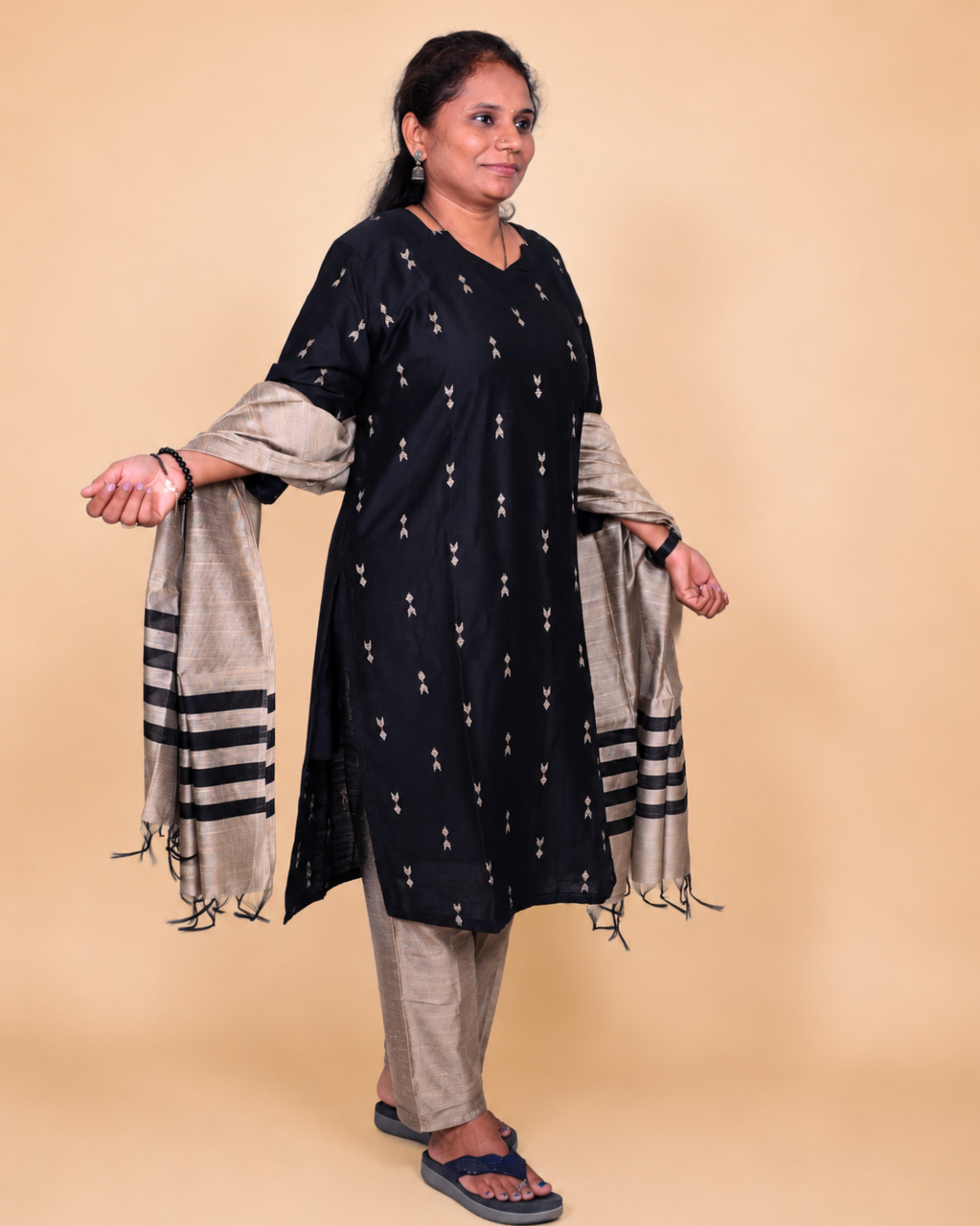 Midnight Black Soft Cotton Printed Dress Set