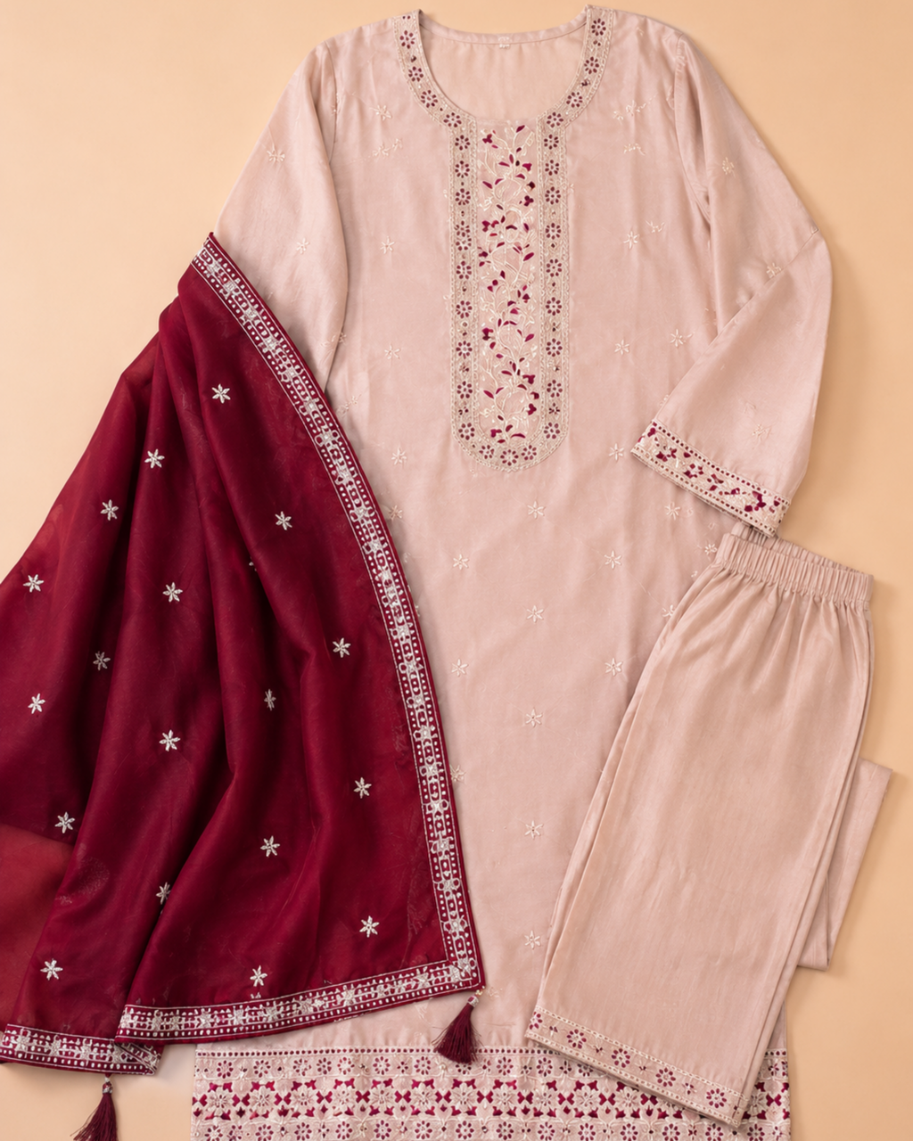 Royale Red Chiffon Embroidered Dress Set