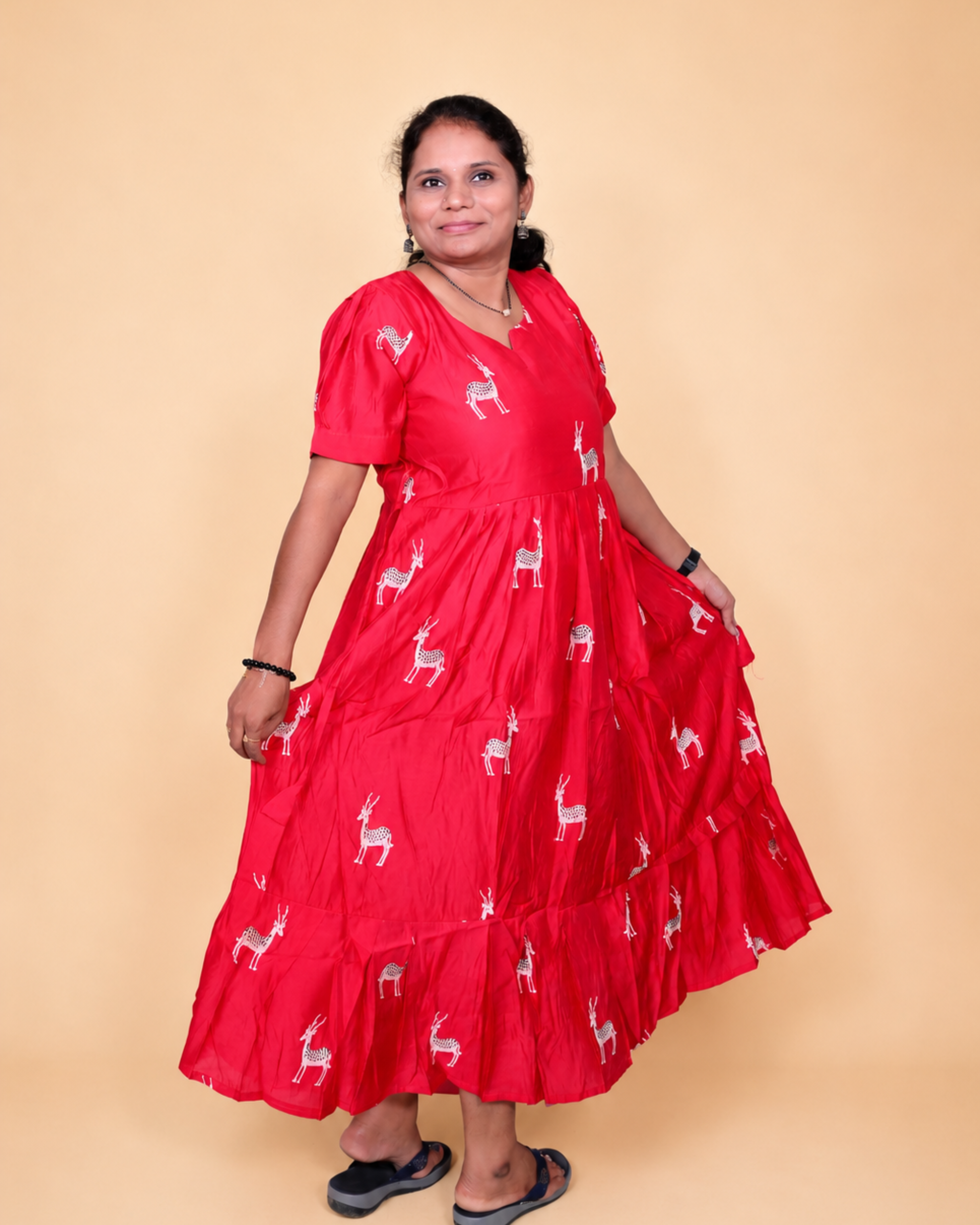 Red Chiffon Deer Pattern Maxi Middi
