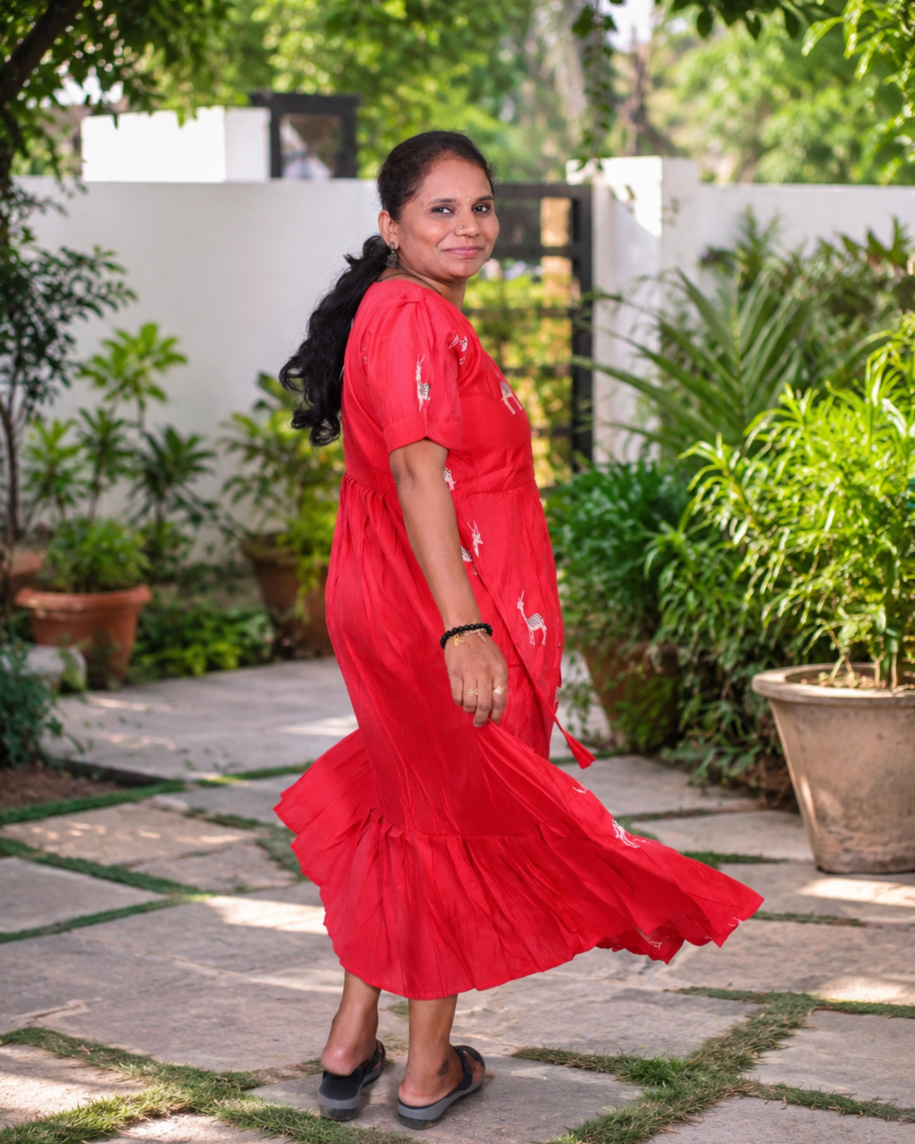Red Chiffon Deer Pattern Maxi Middi