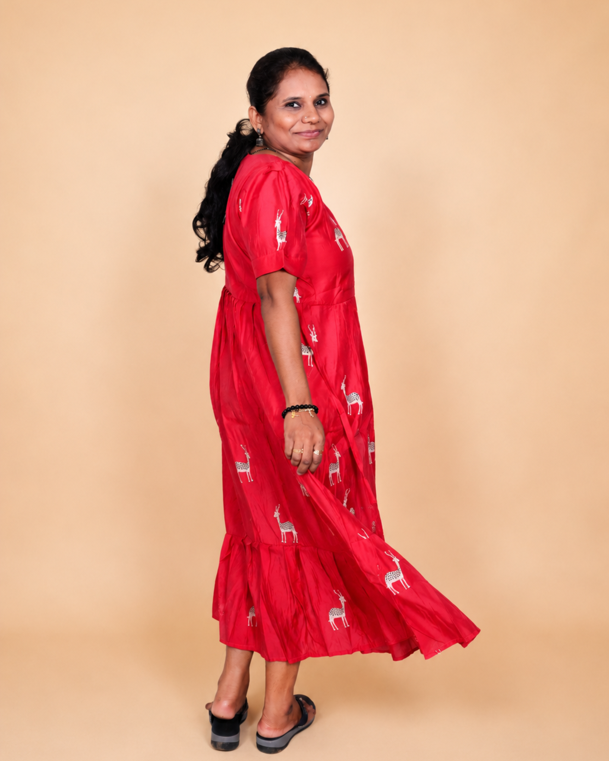 Red Chiffon Deer Pattern Maxi Middi