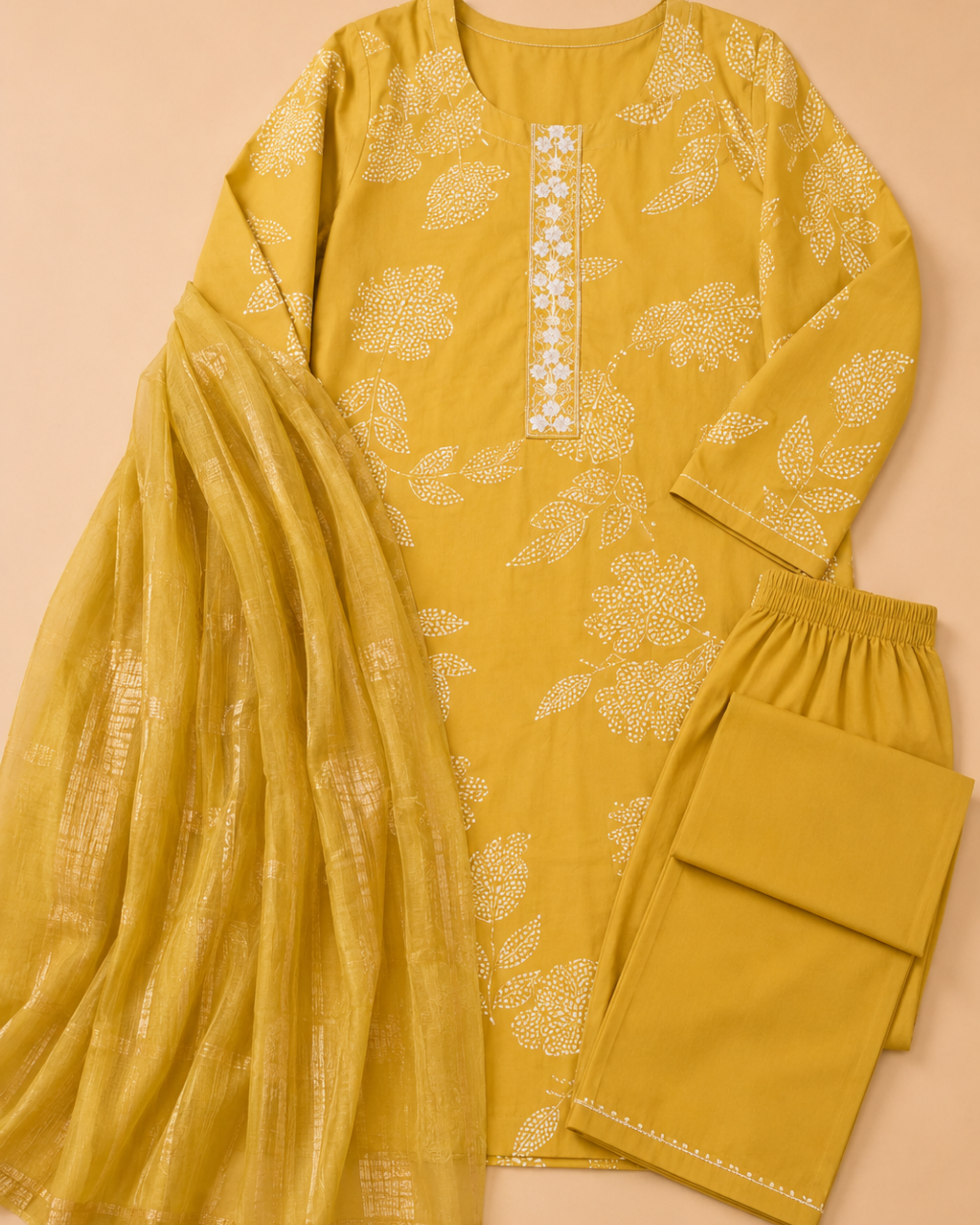 Golden Bloom Soft Cotton Printed Dress Set