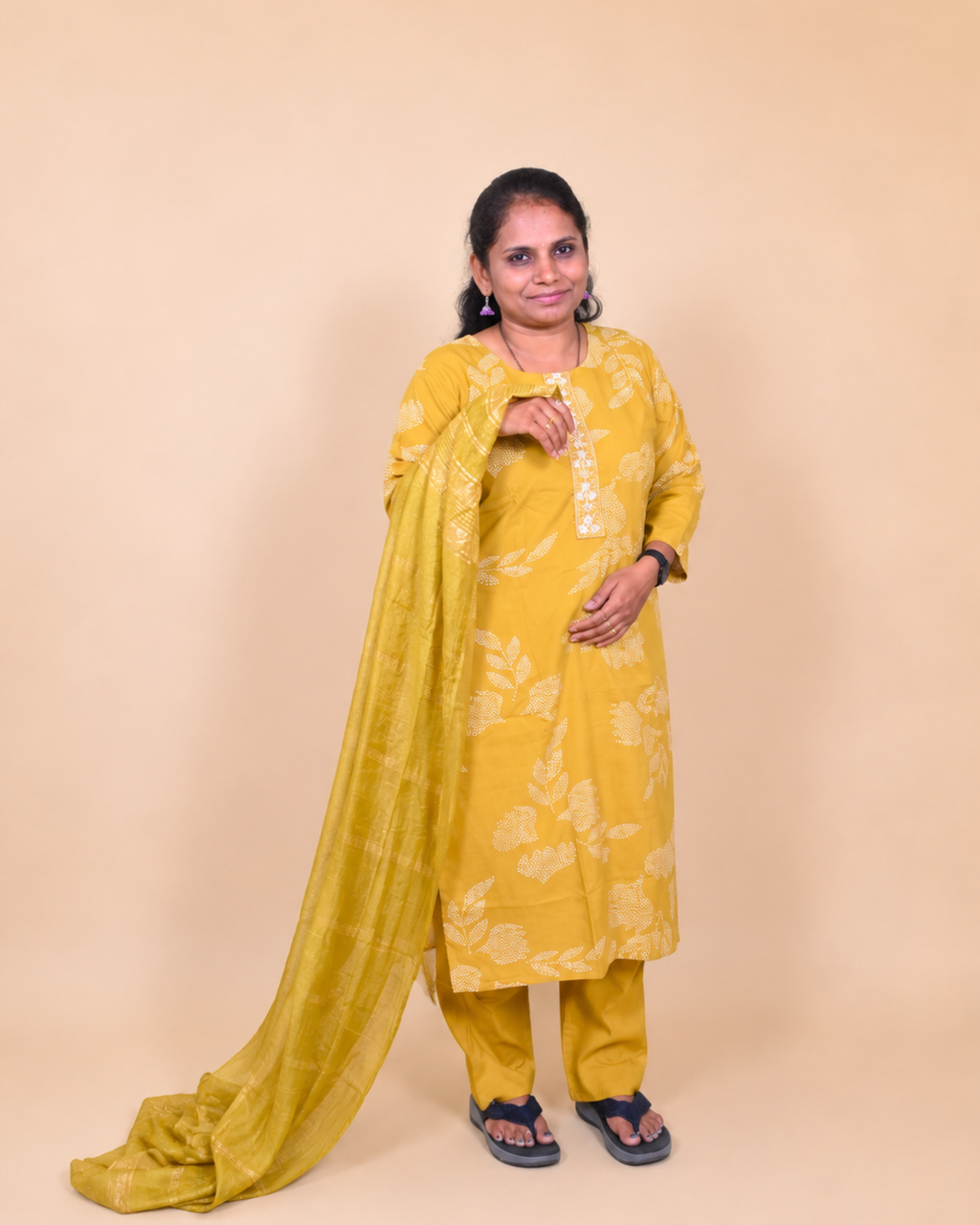 Golden Bloom Soft Cotton Printed Dress Set