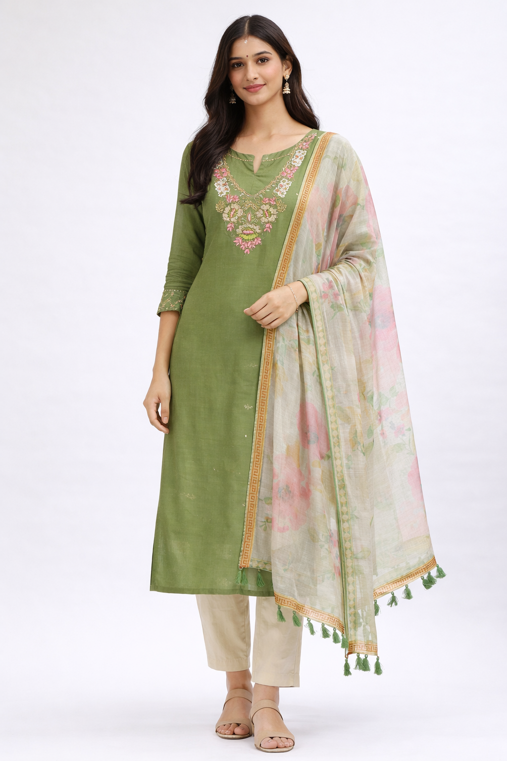 Olive Green Floral Embroidered Kurti Set