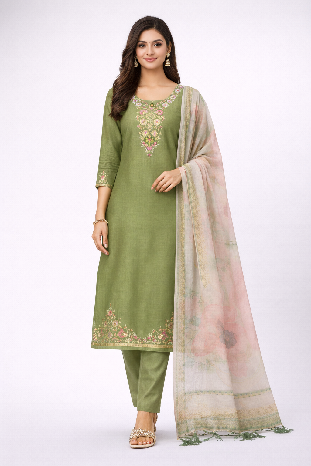 Olive Green Kurti Set with Dupatta