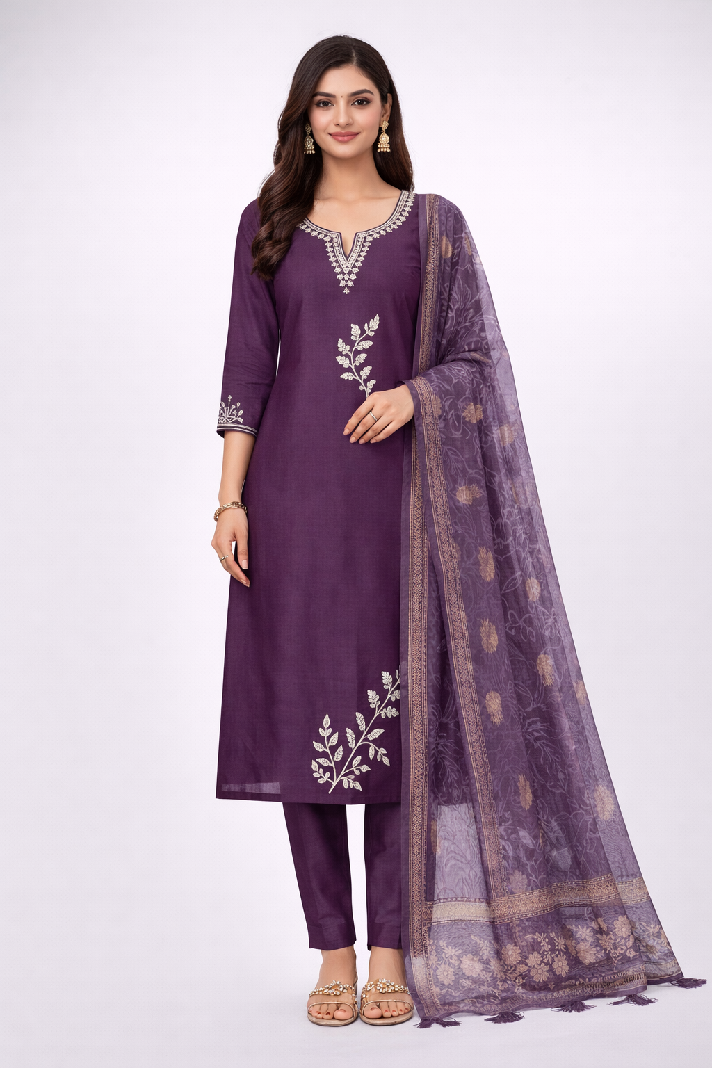 Chic Plum Purple Embroidered Kurti Set