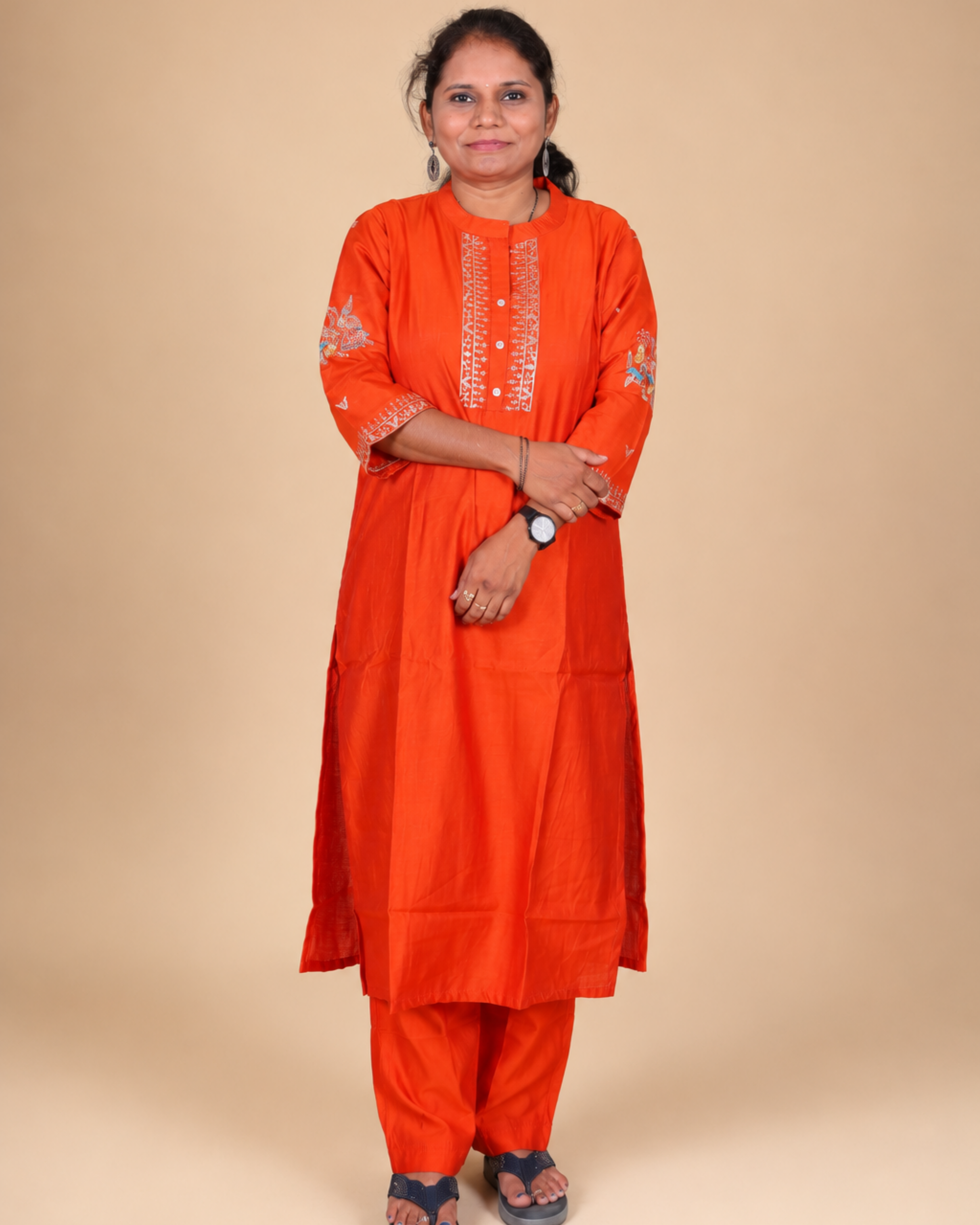 Royal Ember Velvet-Cotton Blend Embroidered Dress Set