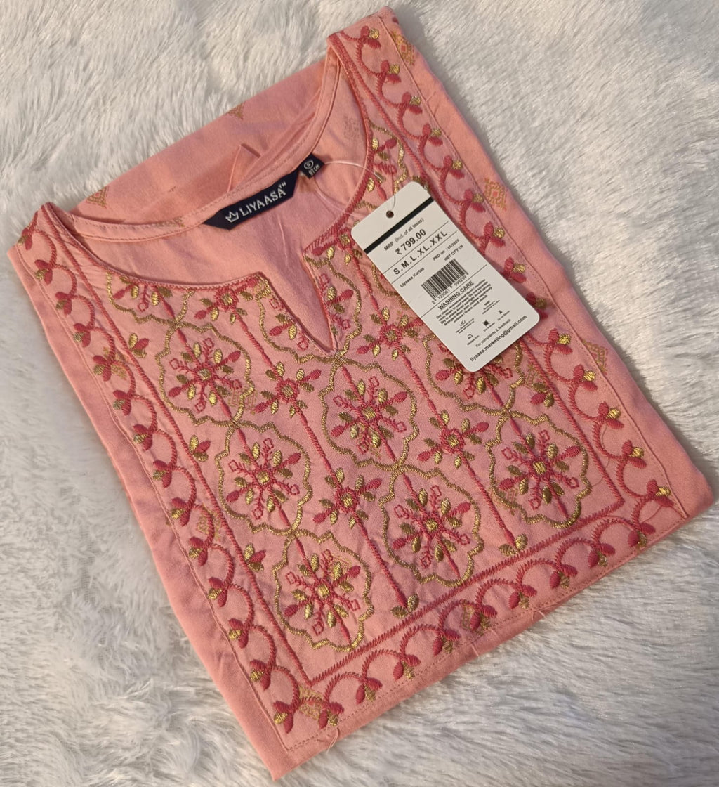 Floral peach Embroidered Cotton Kurti