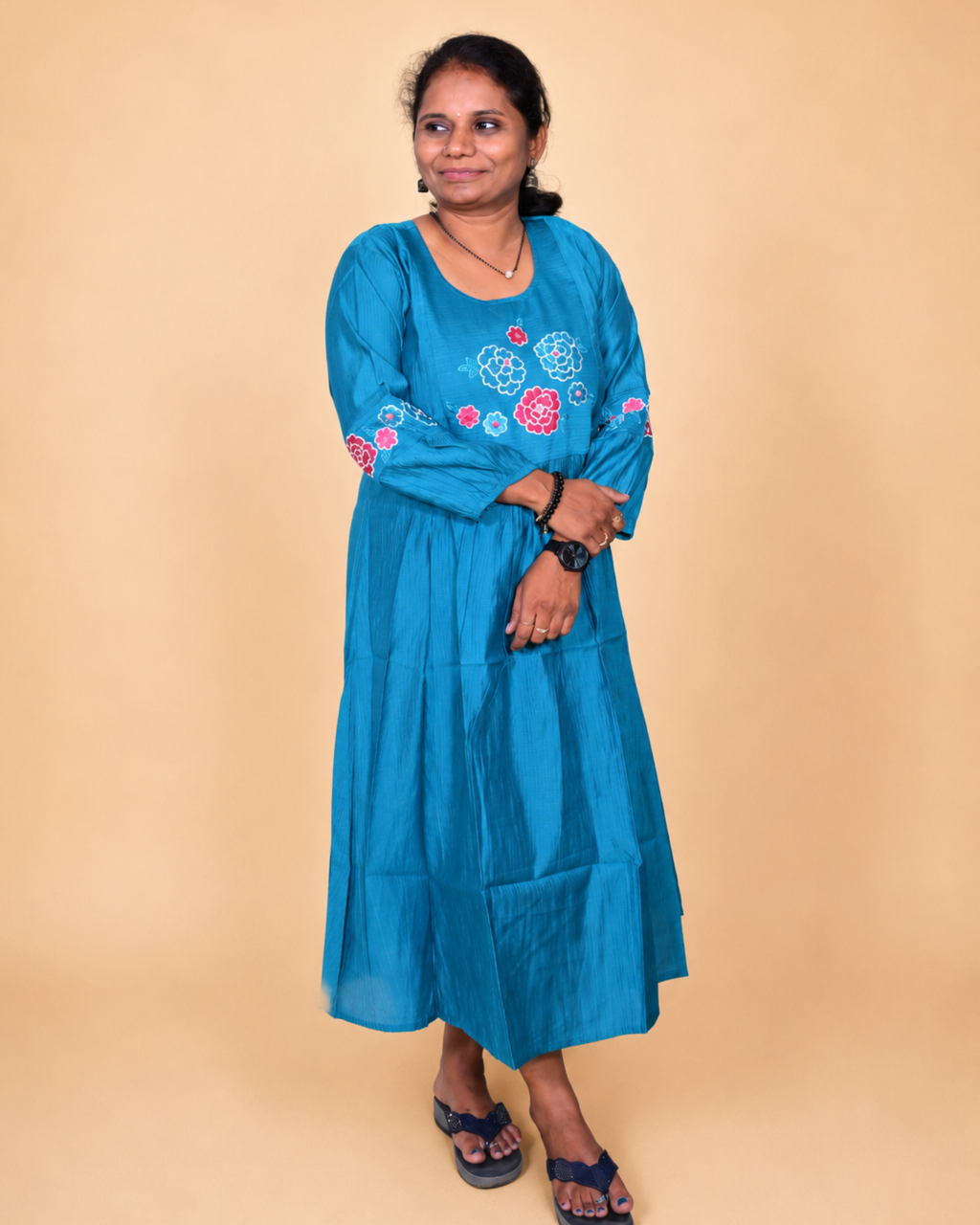 Vibrant Blue Floral Embroidered Cotton Dress