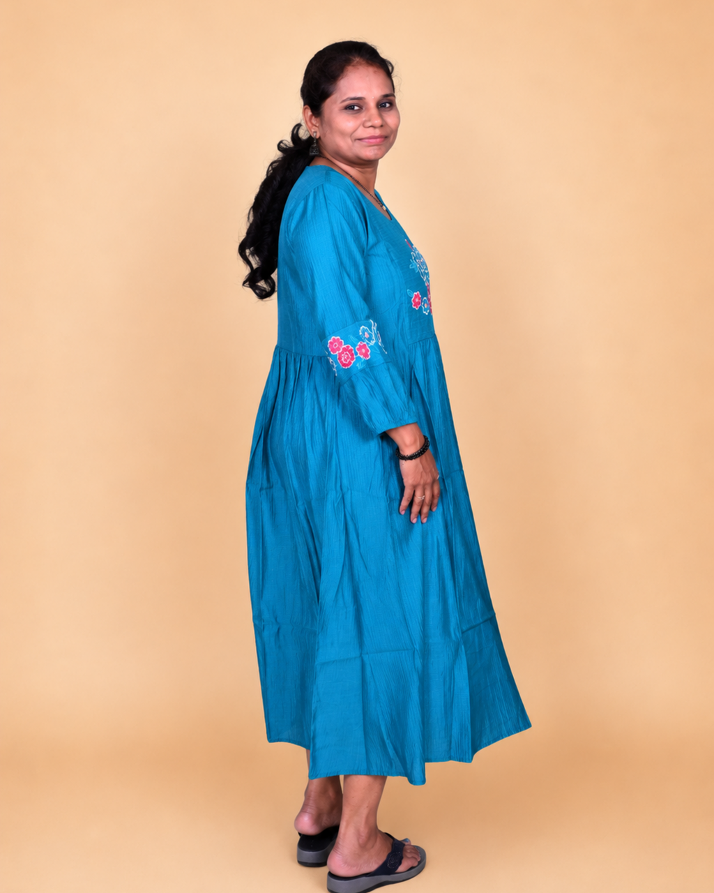 Vibrant Blue Floral Embroidered Cotton Dress