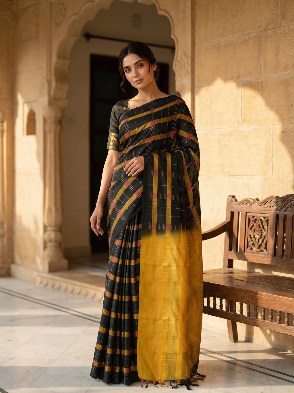 Pure Kancheepuram Silk Saree in Black with Silver Zari – Multi Checked Body, Mixed Vertical Line Pallu