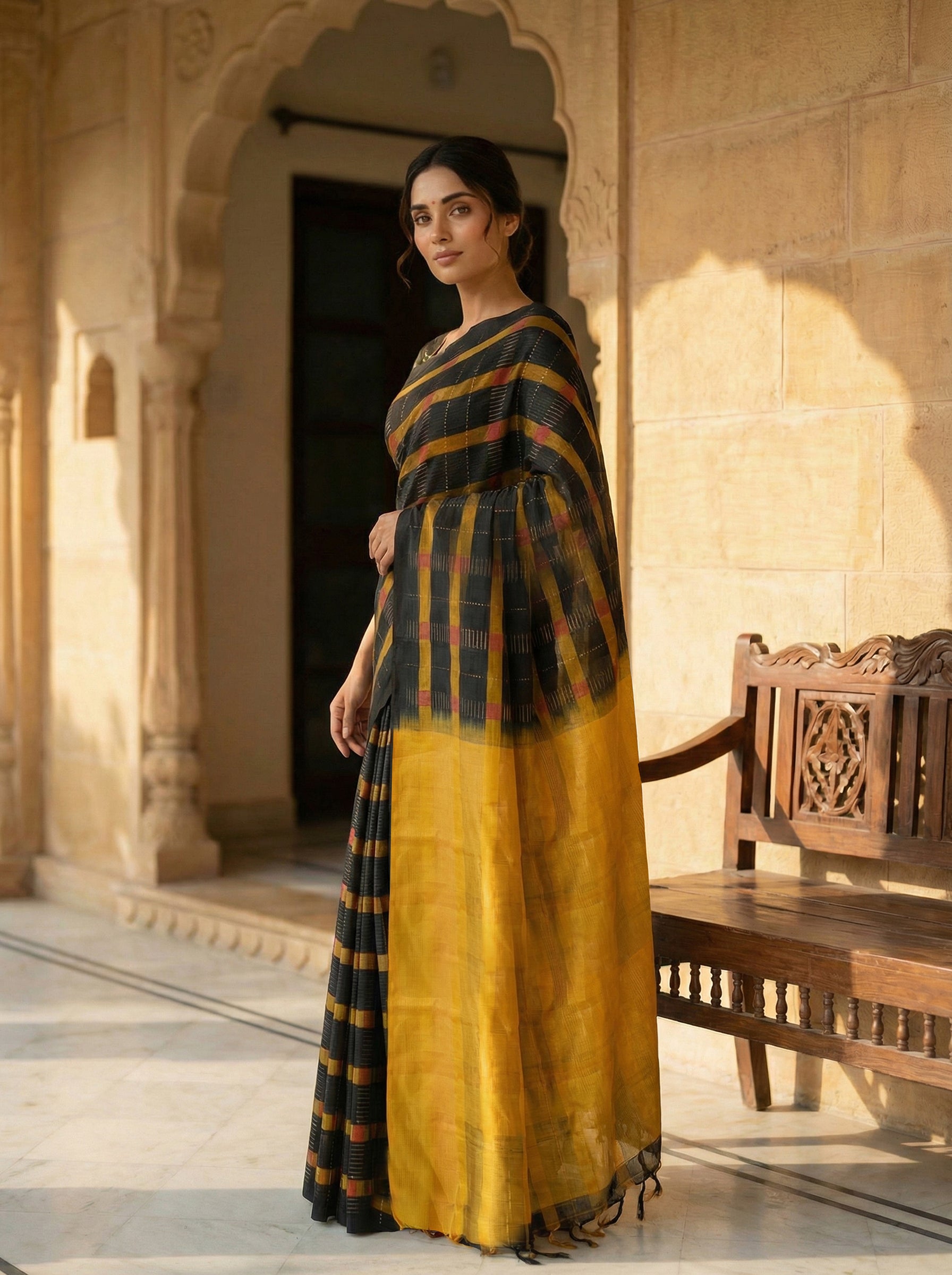 Pure Kancheepuram Silk Saree in Black with Silver Zari – Multi Checked Body, Mixed Vertical Line Pallu