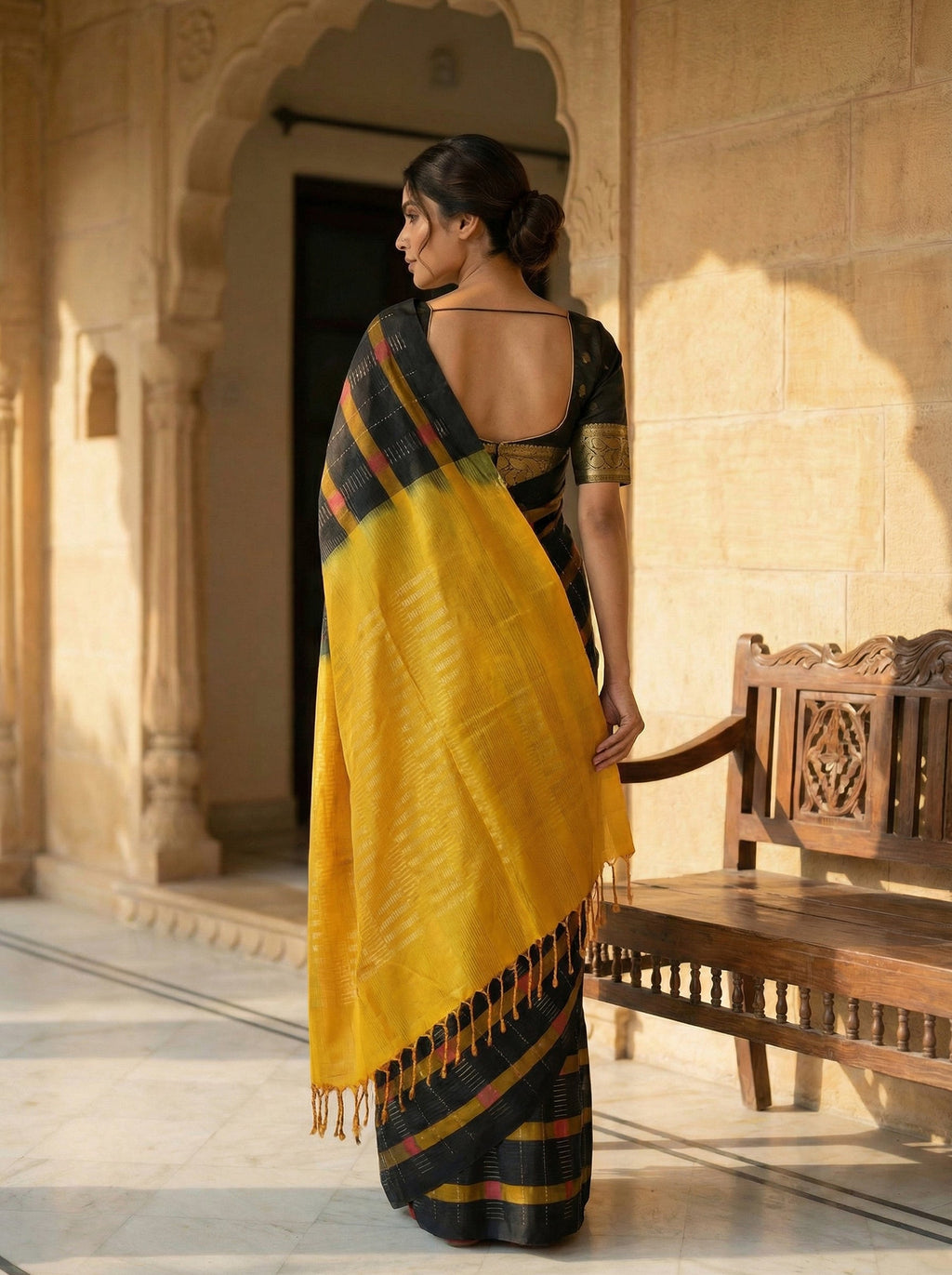 Pure Kancheepuram Silk Saree in Black with Silver Zari – Multi Checked Body, Mixed Vertical Line Pallu