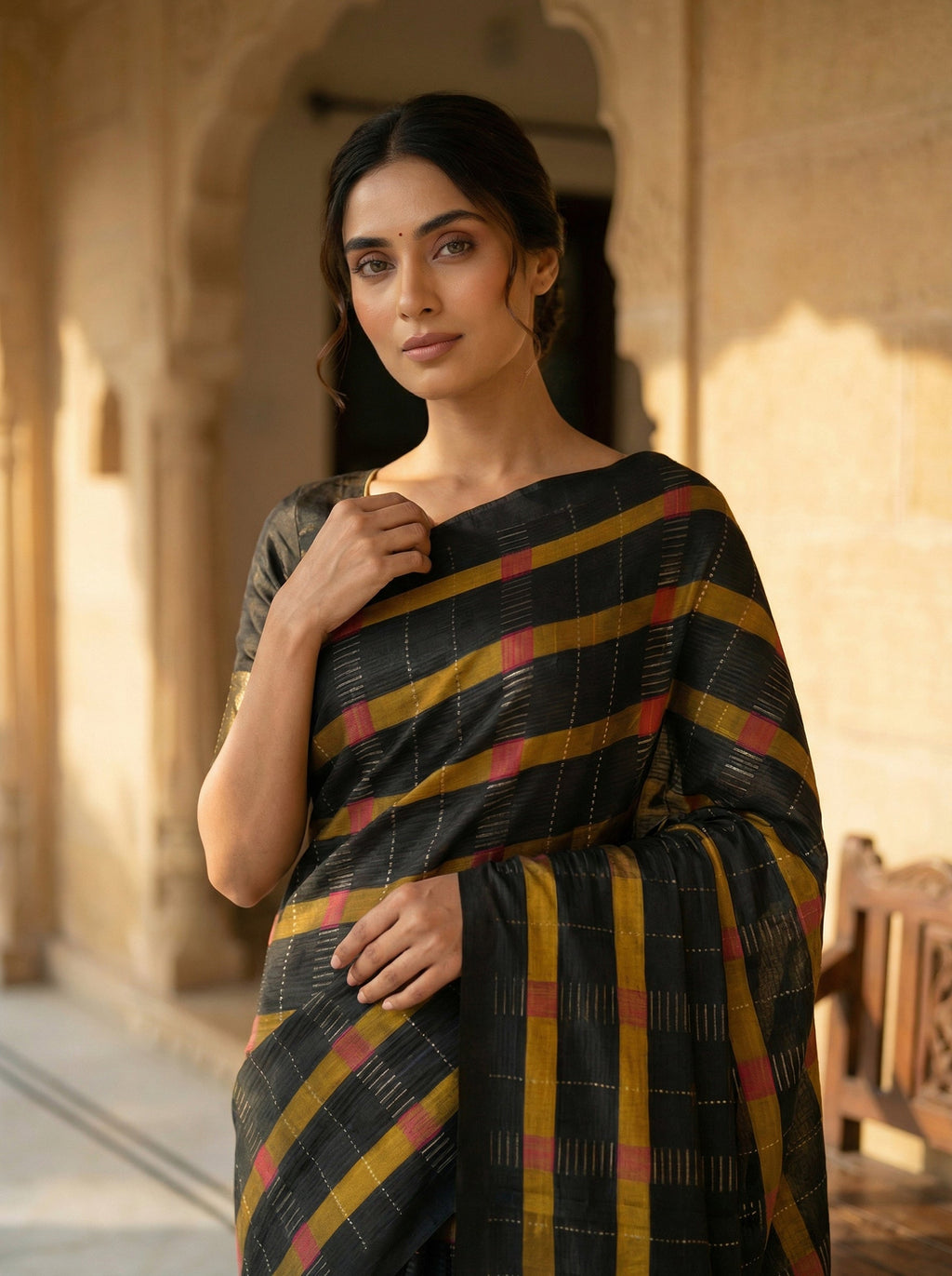 Pure Kancheepuram Silk Saree in Black with Silver Zari – Multi Checked Body, Mixed Vertical Line Pallu