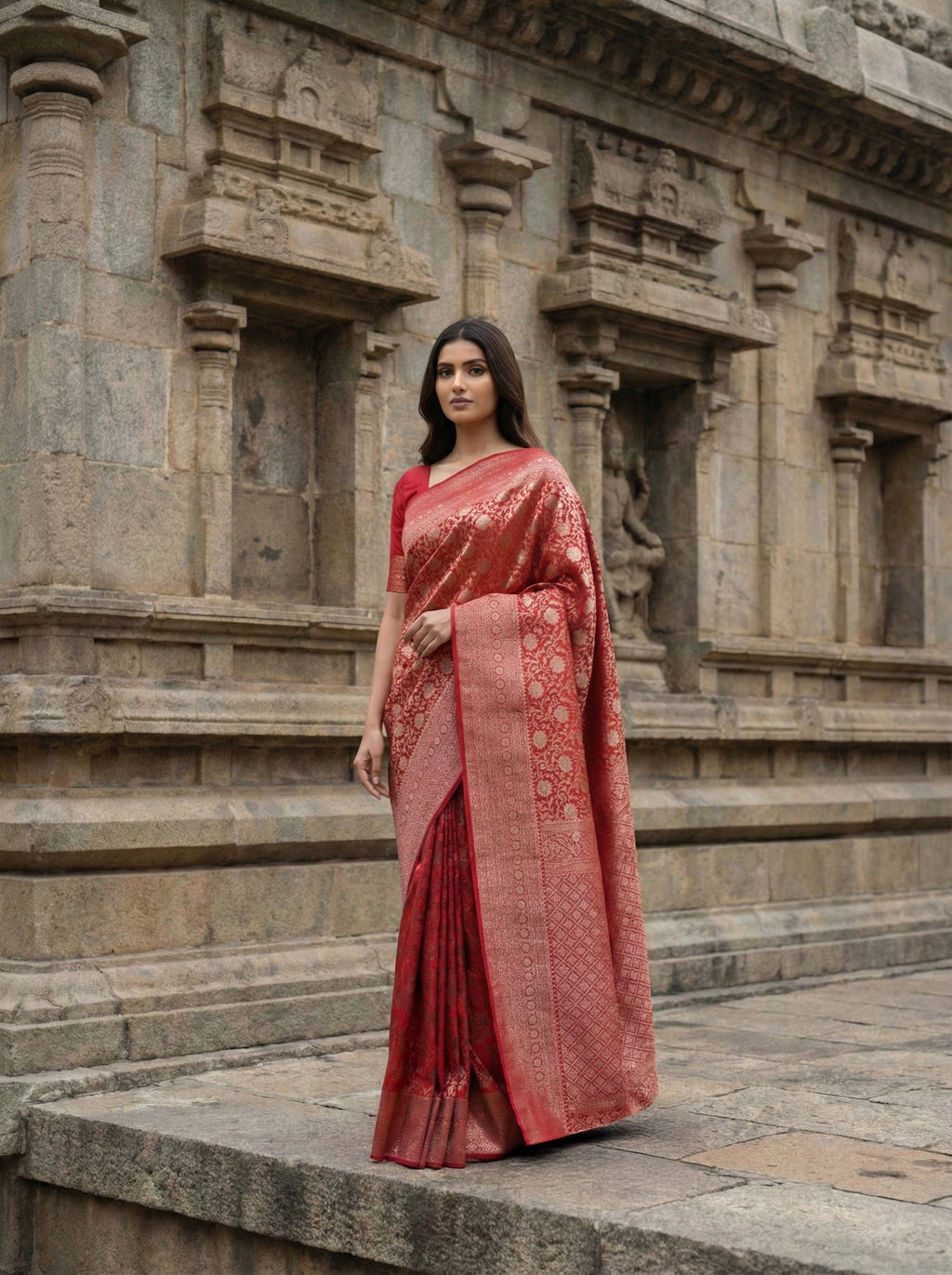Rani Pink Kanchipuram Brocade Silk Saree With Floral Design