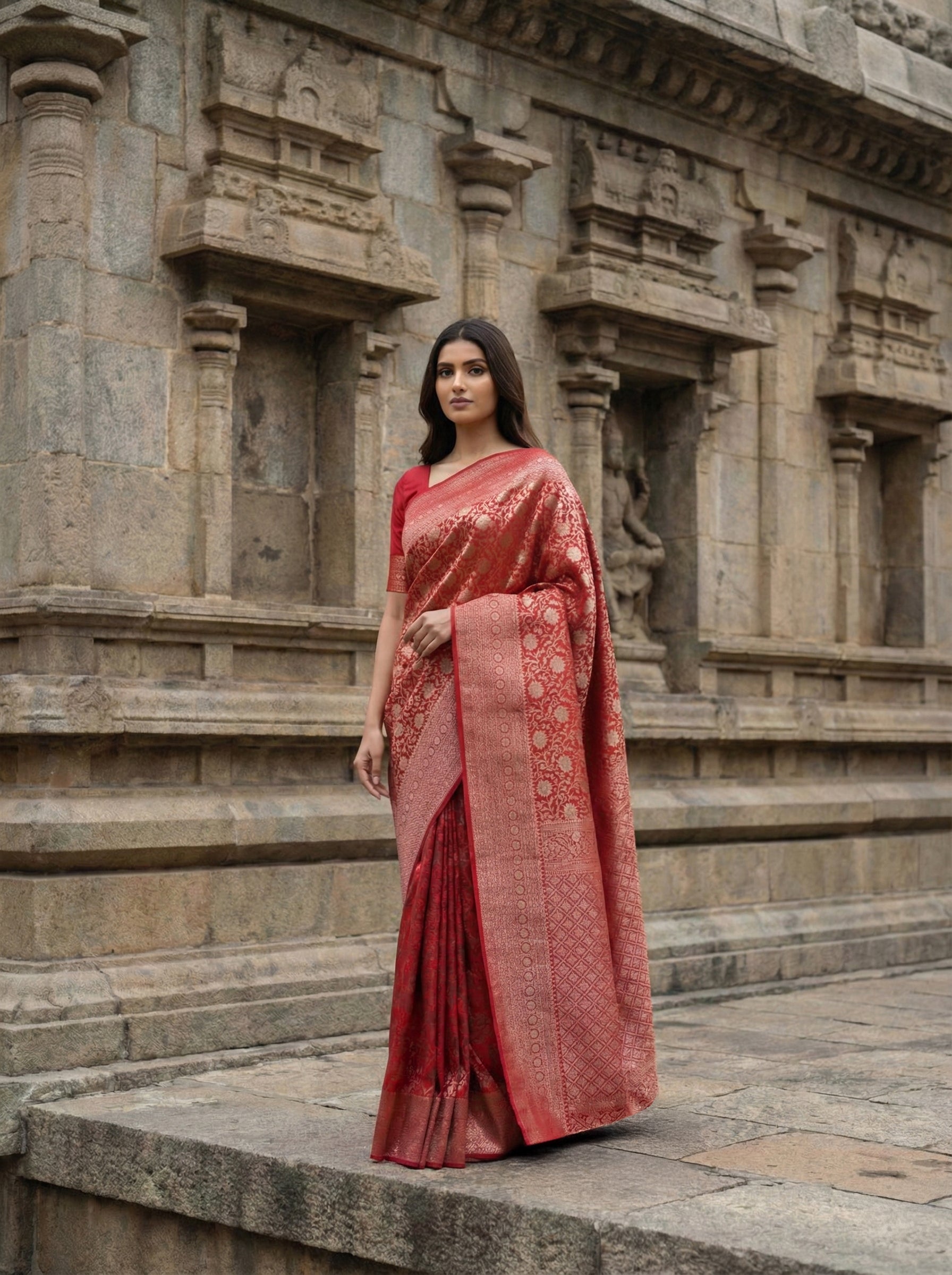 Rani Pink Kanchipuram Brocade Silk Saree With Floral Design
