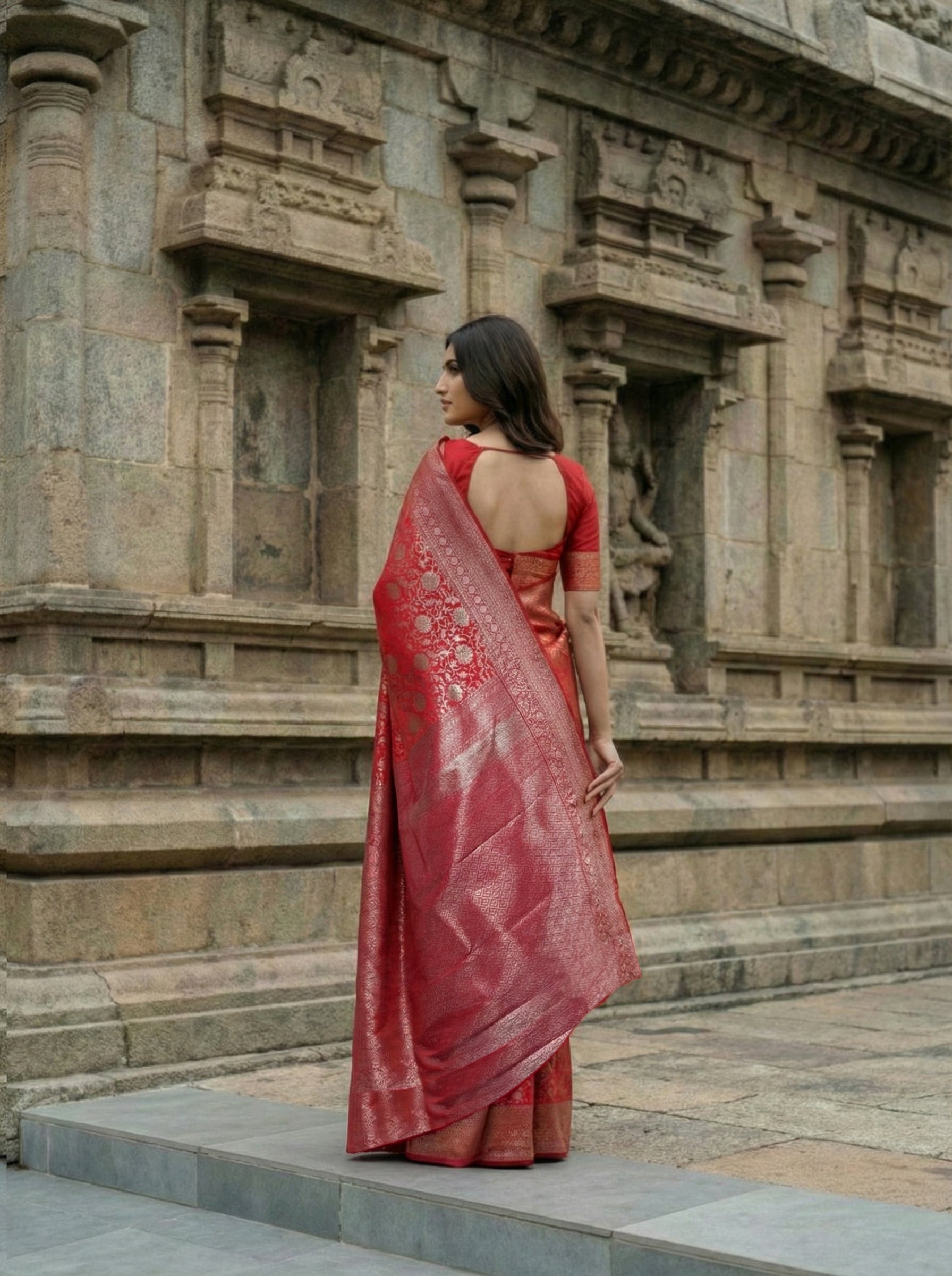 Rani Pink Kanchipuram Brocade Silk Saree With Floral Design