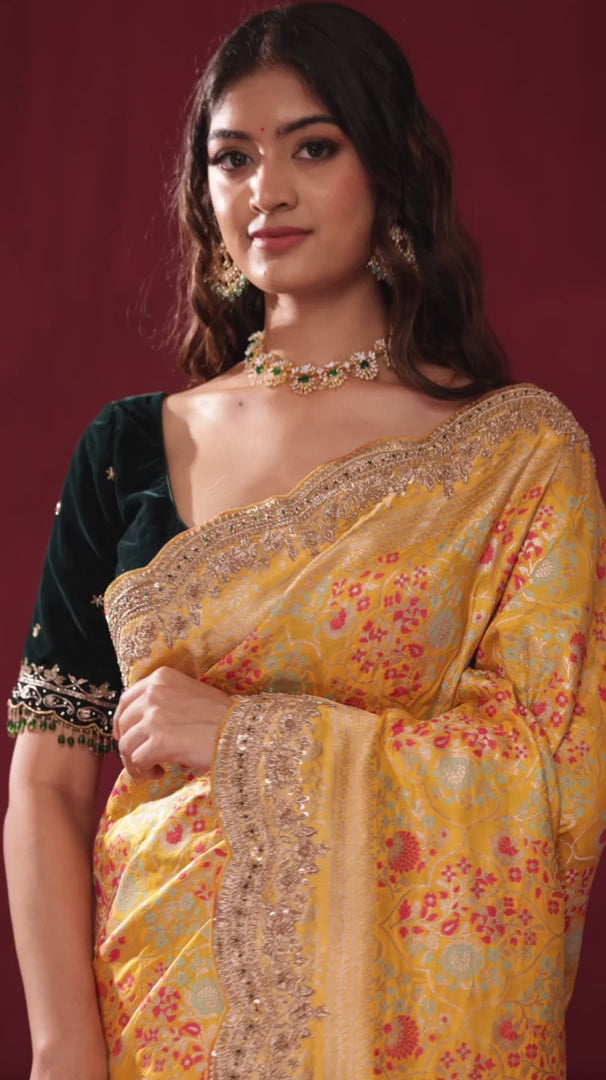 Yellow Banarasi Uppada Silk Saree with Allover Mina Weaves & Border Embroidery